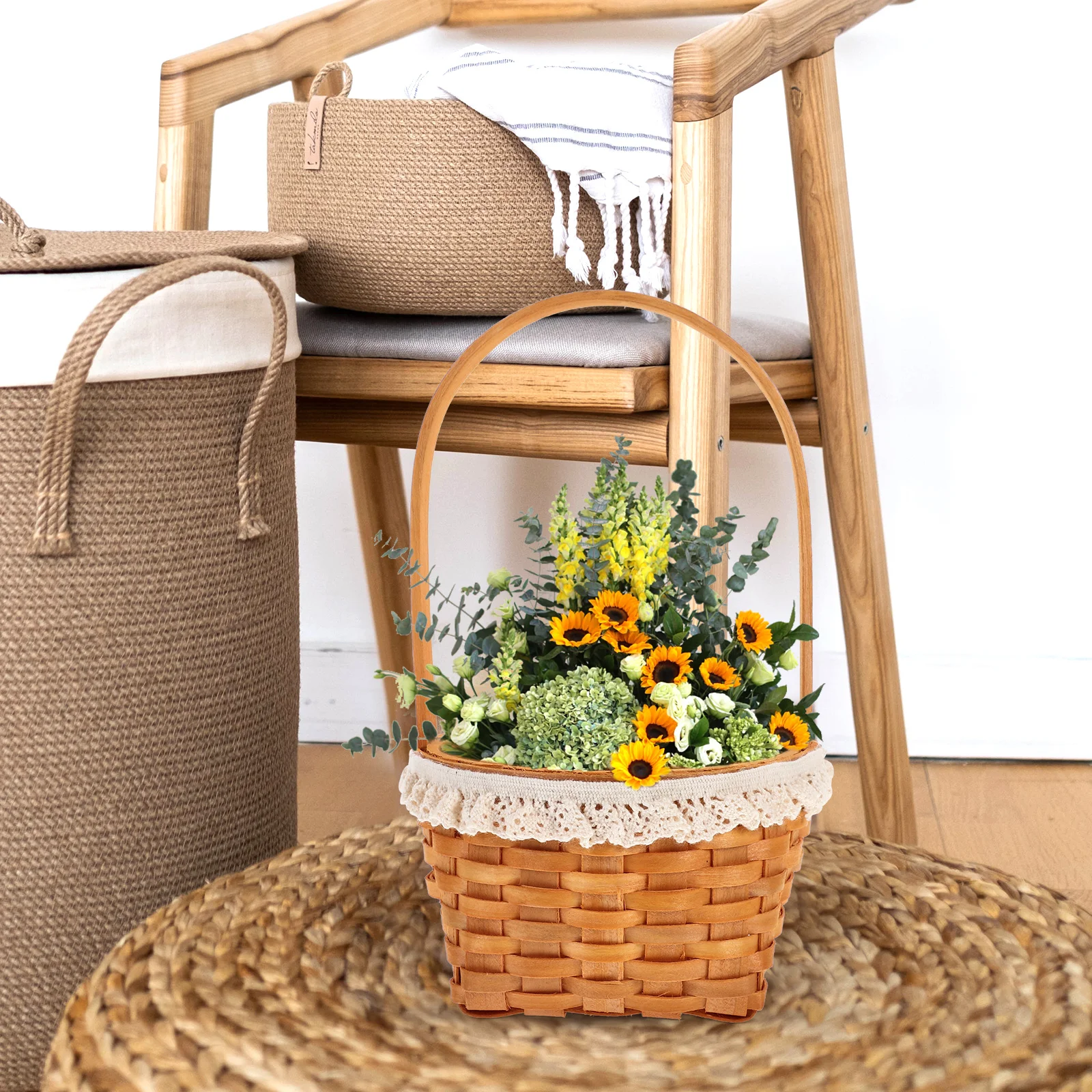 

Wooden Lace Carrying Basket Rattan Storage Woven Mini Fruit Baskets Floral Rural Baby