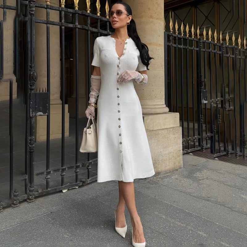

Talenza White Knitted Dress Fashion Slim Single Breasted Casual Slit Dress Elegant Knitted Ribbed New Office Lady Women Dresses