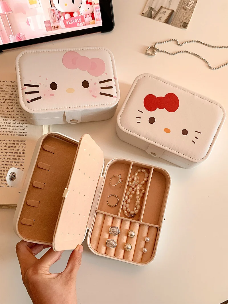 

New Sanrio Hello Kitty Portable Jewelry Box Large Capacity Travel Earrings Rings Necklace Organizer Small Cute Gift For Women