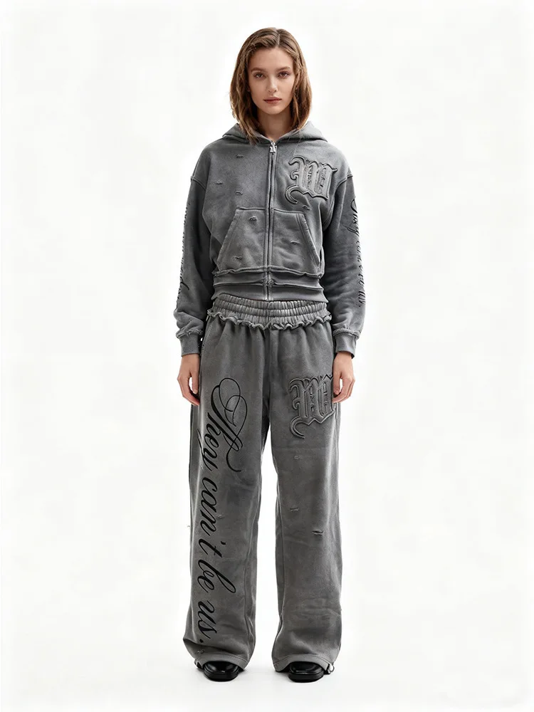 

Women's Clothing Distressed Double-Layer Zip-Up Hoodie with Gothic Letter Print Oversized Streetwear Sweatshirt for Casual