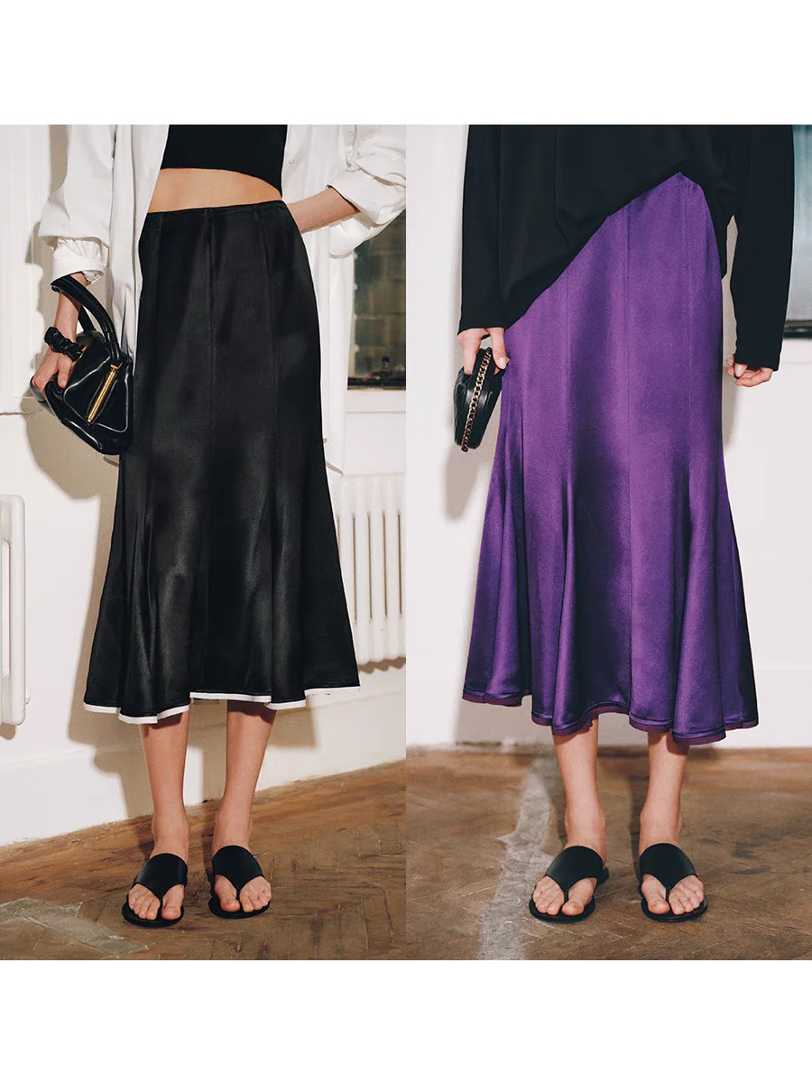 

Ele Satin Acid Fi Tail f Skirt Women's High Waist A-Line Midi Skirt Glossy Decorative Color Blo Commute Simple Sle