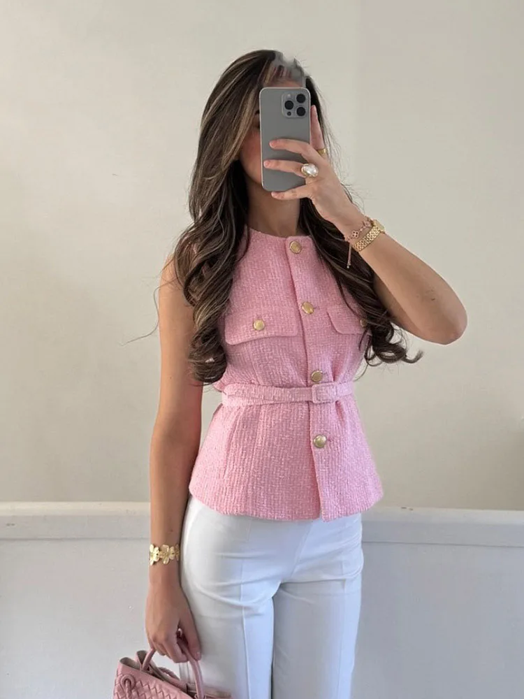 HH Women Fashion O-Neck Sleeveless Texture Vest Top Female Chic Button Pockets Decoration Casual Slim Waistcoat Top Mujer
