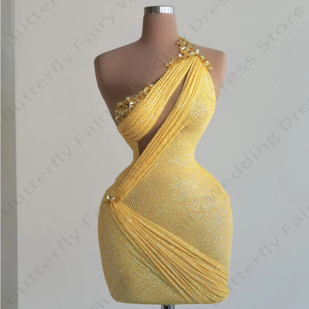 2024 Gold Yellow Women's Cocktail Party Gowns One Shoulder Bodycon Shiny Beaded Mini Prom Dresses Saudi Arabia Dubai Evening De