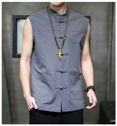 2023 Summer Men Chinese Style Vintage Linen Vests Mens Sleeveless Hanfu Cardigan Male Harajuku Open Stitch Waistcoats M-5XL