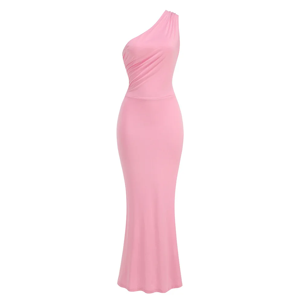 Vestido longo sem encosto de um ombro feminino, cor rosa, comemoração de aniversário, vestido de encontro feminino, moda sexy