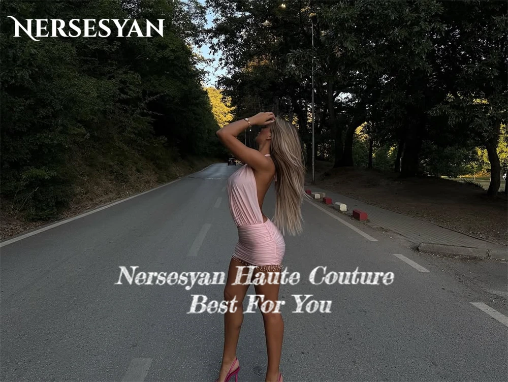 Nersesyan – robe de Cocktail rose Sexy, col licou, plis perlés, sans manches, extensible, dos nu, robes de bal personnalisées