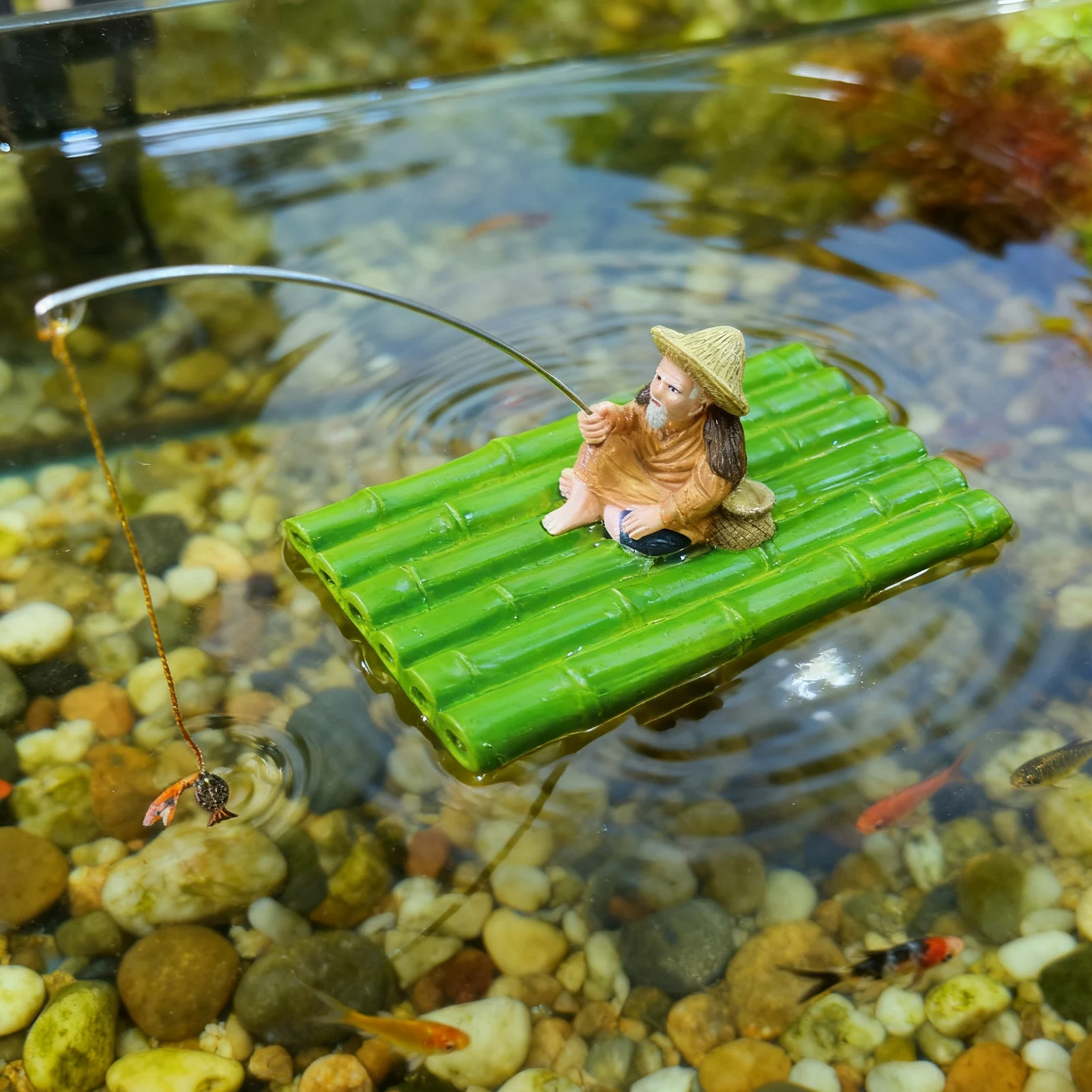 Floating Bamboo Raft Fishing Ornament Feeding Platform For Miniature Landscape Decoration Garden Statue Outdoor Decoration