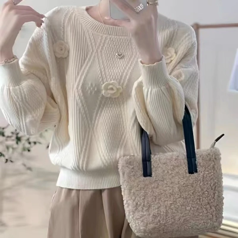 Solid Color 3D Flower Beautiful Pullover Sweater for Women Autumn Winter Loose Lantern Sleeve Knitted Top Fashion Women Clothing 3 Solid Color 3D Flower Beautiful Pullover Sweater for Women Autumn Winter Loose Lantern Sleeve Knitted Top Fashion Women Clothing 3