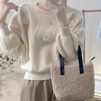 Women's 3D Flower Lantern-Sleeve Knit Sweater 3 Solid Color 3D Flower Beautiful Pullover Sweater for Women Autumn Winter Loose Lantern Sleeve Knitted Top Fashion Women Clothing 3