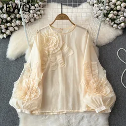 EWQ Fashion Floral Blouse Women Lantern Sleeves Solid Color Round Neck Sunscreen Casual Tops 2024 Summer New Clothing 27C735