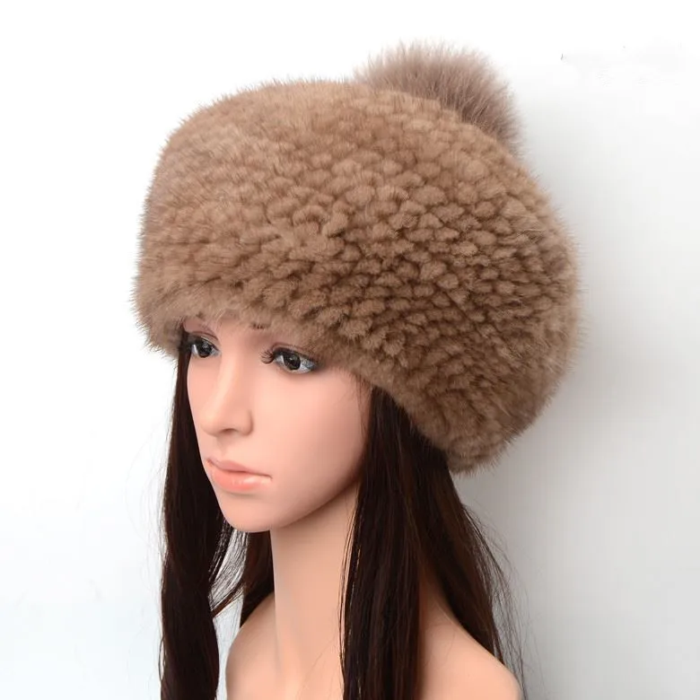 

Genuine Mink Fur Hat Winter Warm Knitted Women Caps with Pompom Ball Female Soft Beret