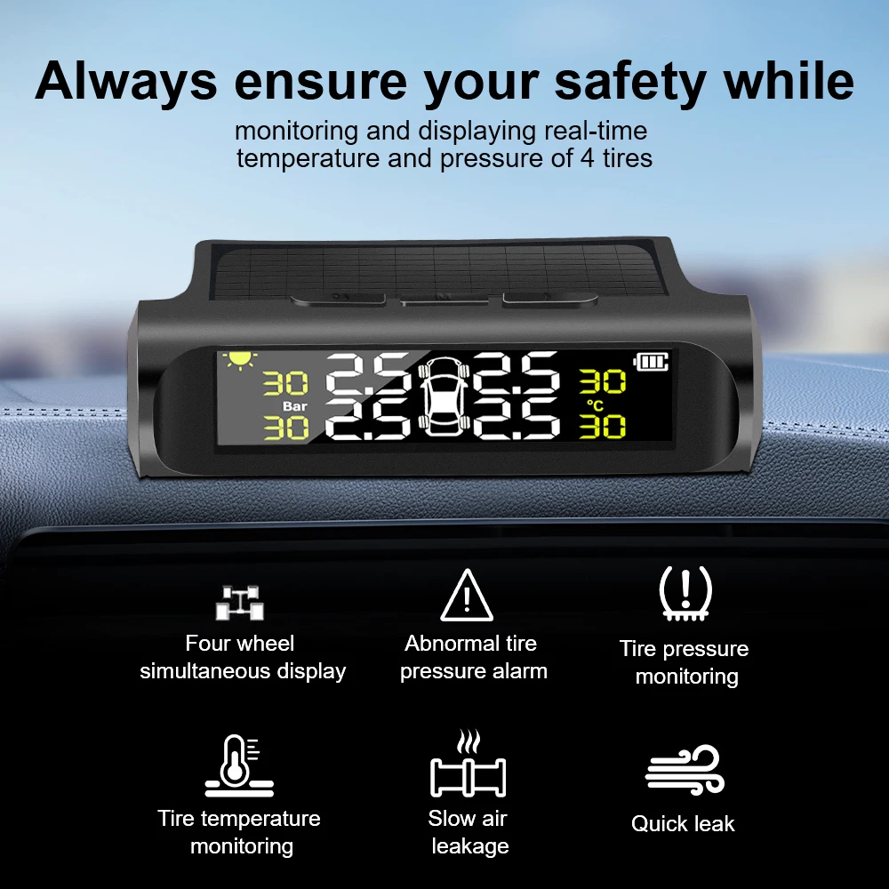 ليس بالطاقة الشمسية، نظام مراقبة ضغط الإطارات TPMS للسيارة، مجموعة إنذار أمان المركبات، 4 أجهزة استشعار، شاشة ديجيتال
