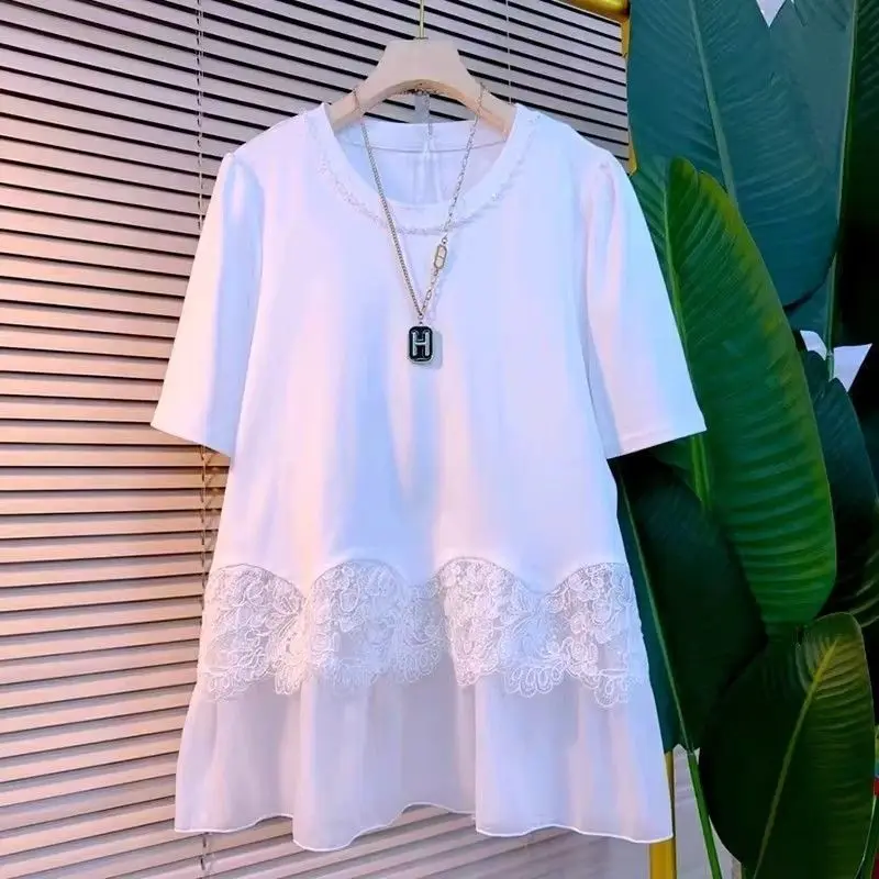 Summer Lace Patchwork Plus Size Street Casual Tops New Short Sleeve Solid Lazy Style T Shirts Fashion Vintage Women Clothing
