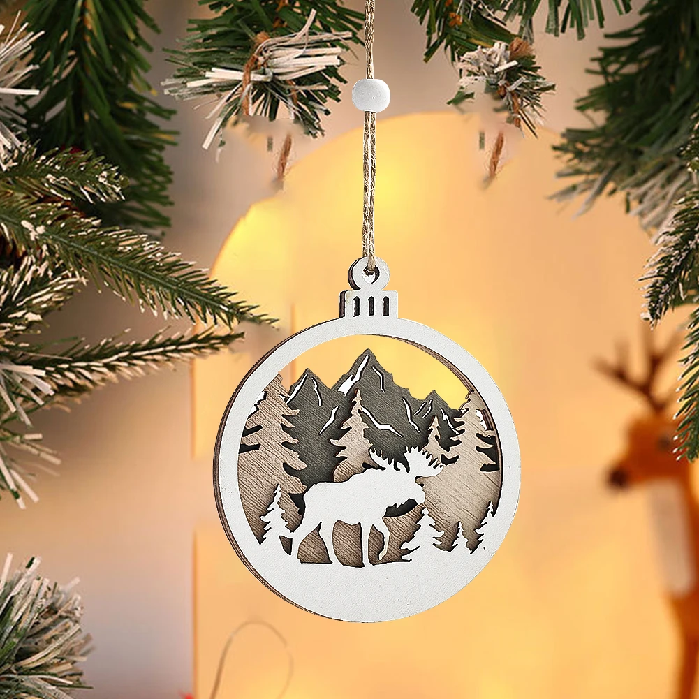 1pc Christmas Tree Pendant Wooden 3D Forest Animal Deer Wolf Bear Crafts Hanging Ornament for Holiday Party Yard Room Decoration