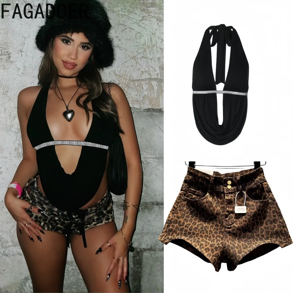 

FAGADOER Sexy 2 Pieces Set for Woman Outfits Halter Deep V-neck Backless Crop Top and Leopard Print Shorts Female Streetwear New