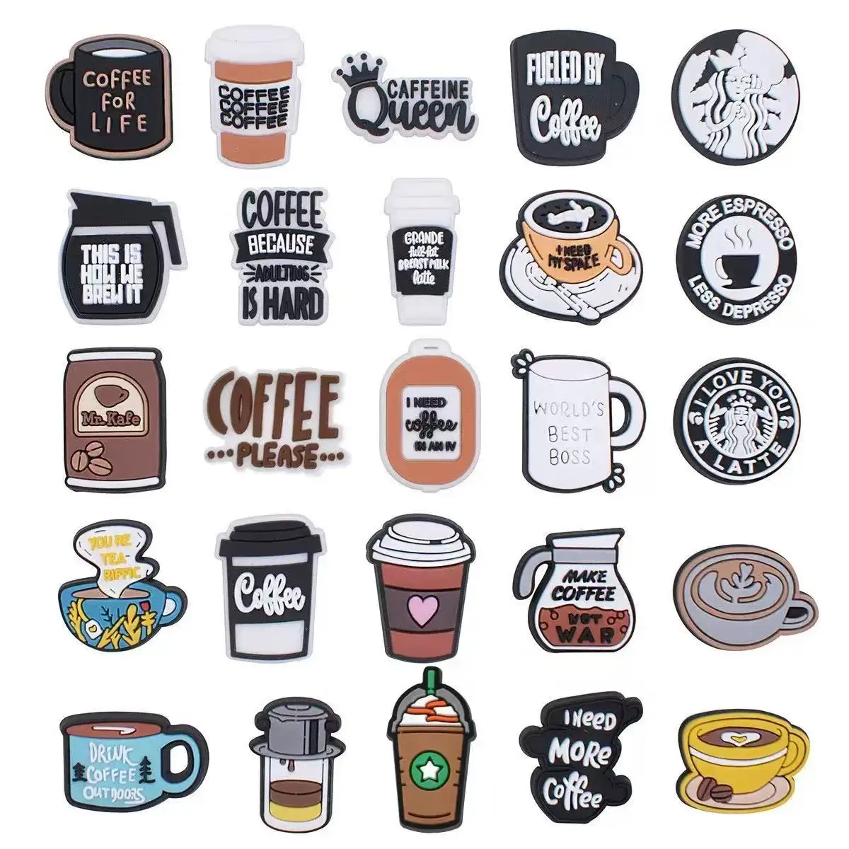 16-100p Cartoon Coffee Pattern Shoe Charms, Soft PVC Shoe Decor Pins, Funny Clog Shoe Accessories for Coffee Lovers Party Favors