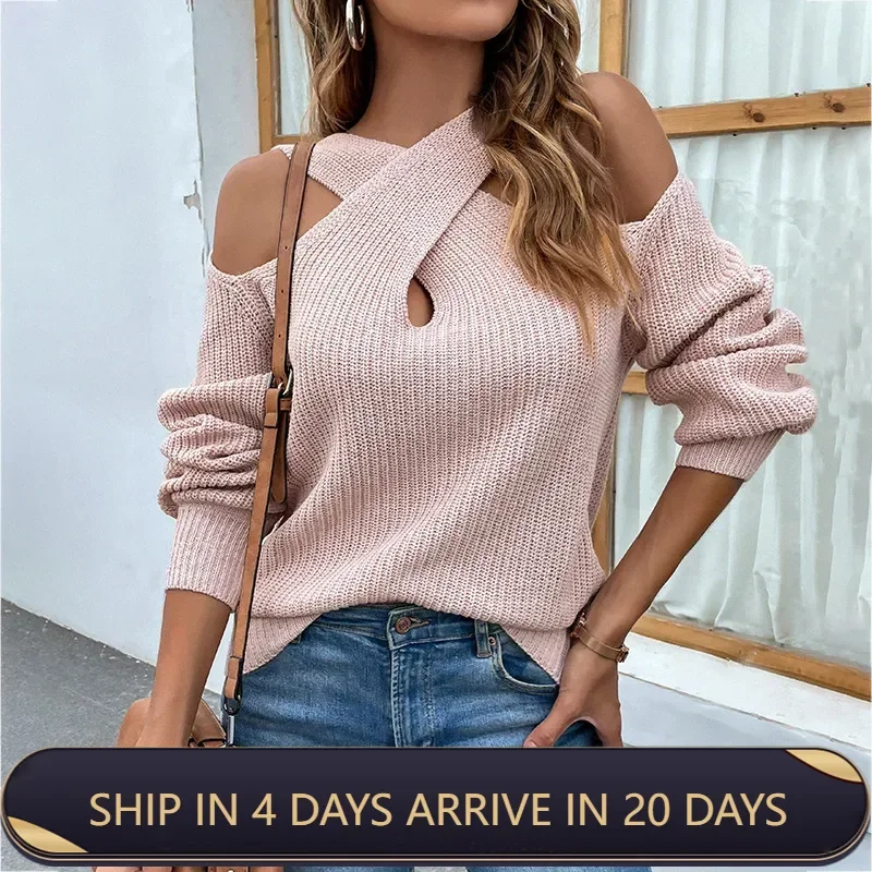 Fashionable 2024 Autumn And Winter New Solid Color Off Shoulder Cross Hanging Neck Lantern Sleeve Knitted Sweater For Women