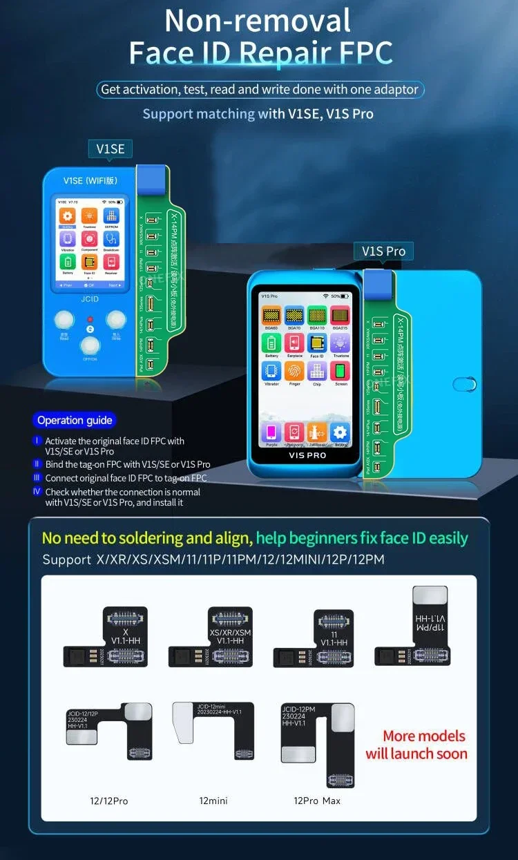 Jc V1s Pro programmeur batterie Face ID Flex câble réparation JC Non-enlèvement FPC pour IPhone X-15 Dot Matrix batterie pas de soudure Fix