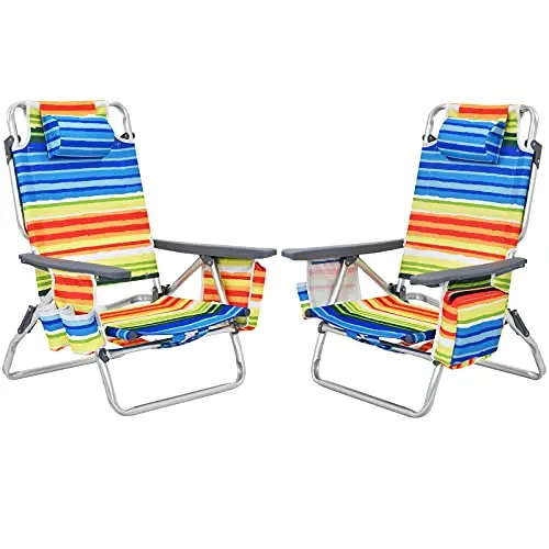 Folding Beach Chair, Patio Sling Chairs with 5 Adjustable Position, Head Pillow, Storage Bag, Towel Bar, Cup Holders