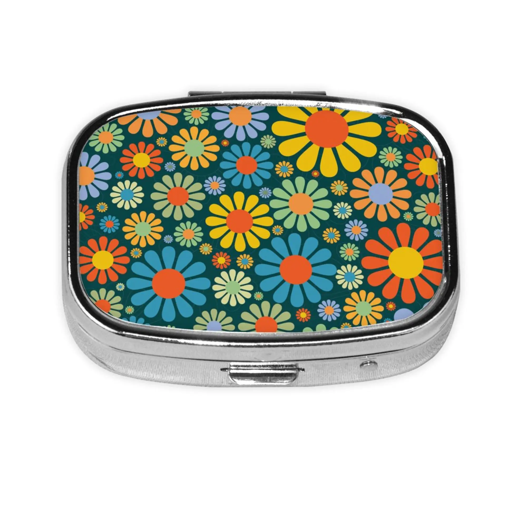 Hippie Flowers Portable Pill Box for Pocket or Purse 2 Compartment Medicine Pill Case Decor Metal Medicine Vitamin Organizer