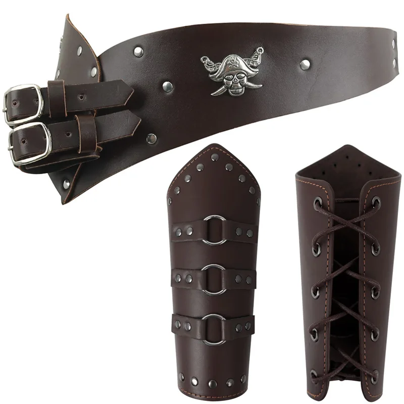 Conjunto de Armadura Medieval Retro Marrón, Brazaletes de Cuero Estilo Punk y Cinturón de Caballero Ajustable, Accesorio para Cosplay y Fiestas