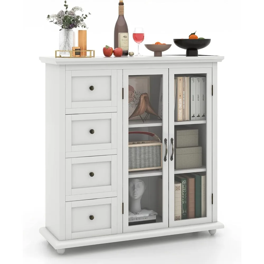 COSTWAY Sideboard-Buffetschrank, Küchenschrank mit 4 Schubladen, 2 Türen aus gehärtetem Glas, Buffetschrank, Akzentschrank f