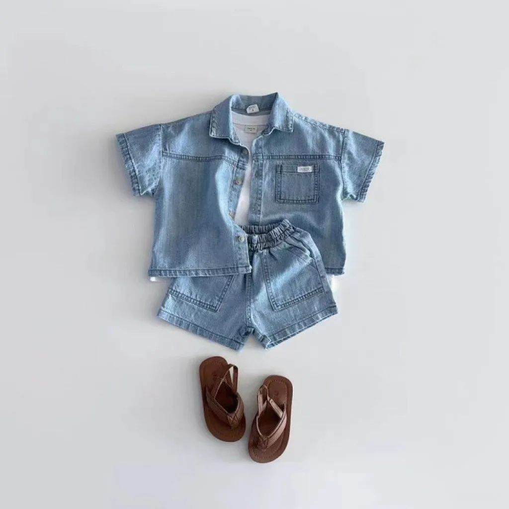 2026 Summer New Baby Short Sleeve Clothes Set Boys Fashion Denim Coat + Shorts 2pcs Suit Toddler Girls Versatile Casual Outfits