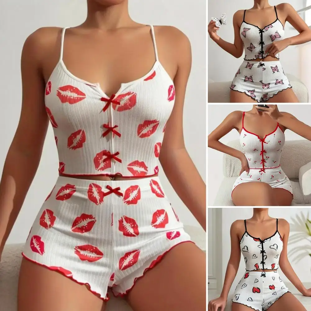 2 Pcs/Set Women Summer Pajamas Suit Butterfly Heart Printing Sleeveless Backless Cop Top High Waist Mini Shorts Daily Nightie Sl