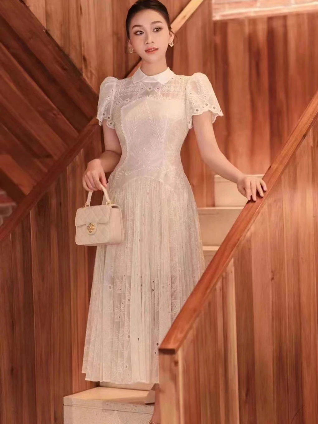 Princess Style Lace Dress Short Sleeve  Collar Full Skirt Bridesmaid Dress Women's Fashion Spring Collection 2024