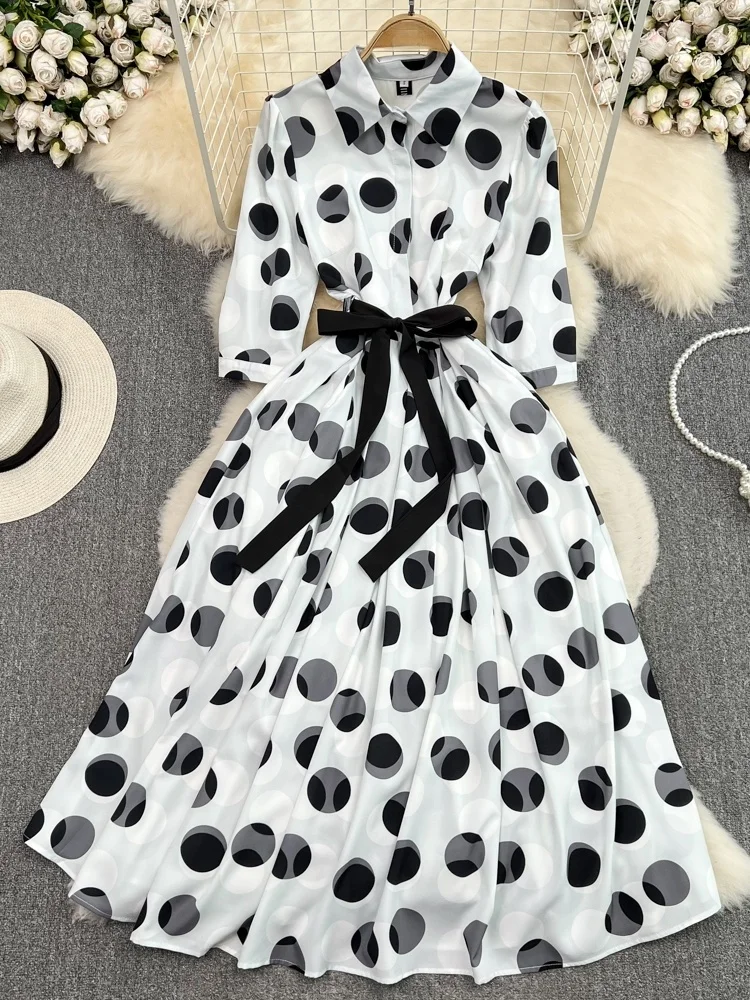 Summer Faion Daisy Long Dr Collar ort Sve Slim Fit Polka Dot Print A-Line irt Dr High Waist Contraction