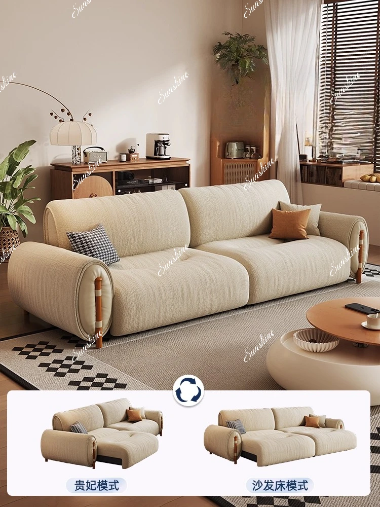 Log cream wind electric sofa living room, small apartment fabric medium and ancient style, sofa bed