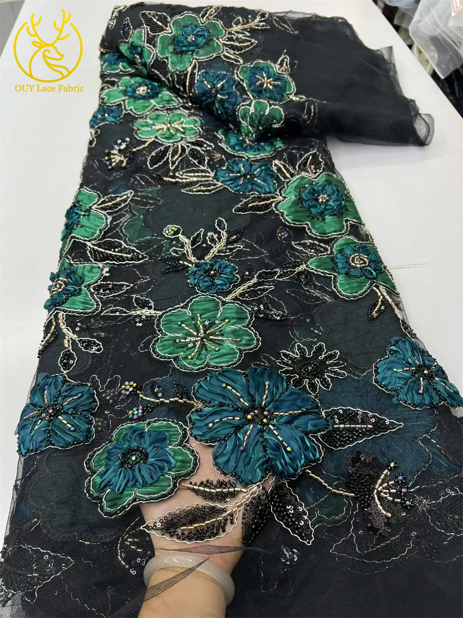 Afrikanischer Pailletten-Perlen-Spitzenstoff, hochwertiger nigerianischer französischer 3D-Blumen-Spitzenstoff für Kleidung, DIY, handgefertigter Stoff, 5 Yards – Detail 9