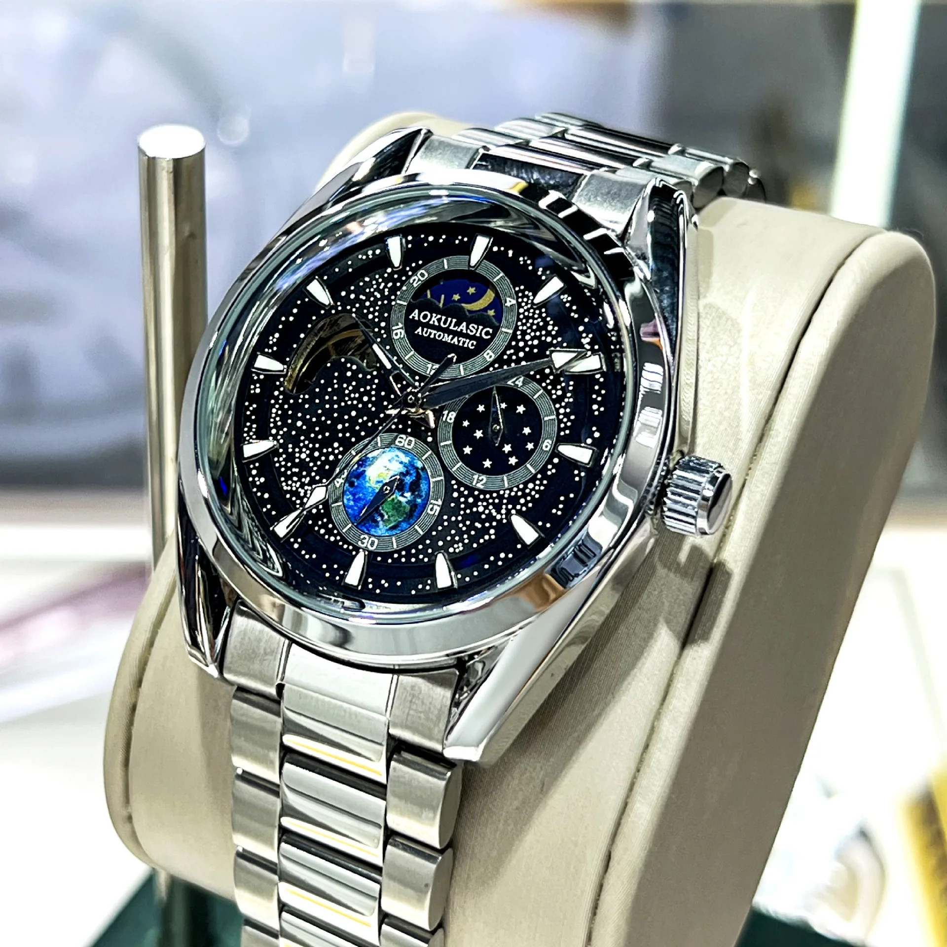 

AOKULASIC Mens Mechanical Watch Full Starry Sky Luminous Multifunctional Chronograph Waterproof Blue Light High Value Wristwatch