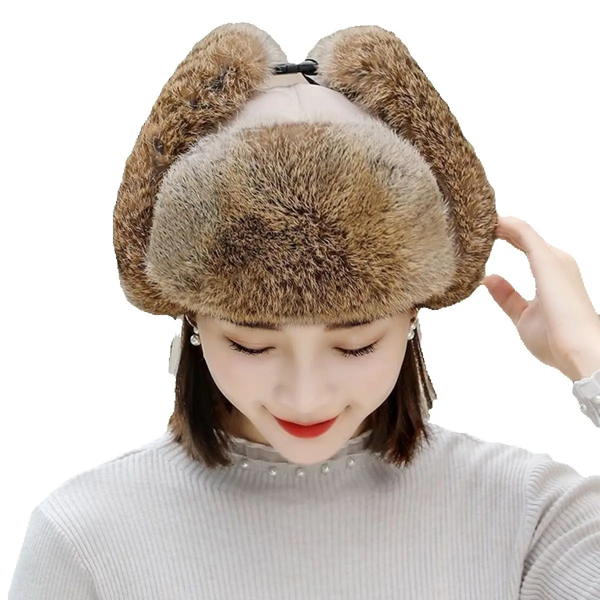 

Earmuffs Rabbit fur warm hat Russian bomber military cap pilot cap catcher cap real fur