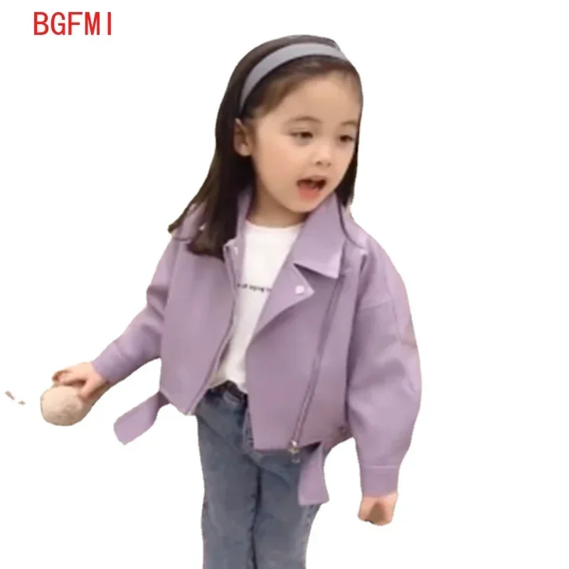 Girls Black Lapel Leather Baby Jacket 2025 Fall Kids Children's Purple PU Zipper Coat Boys Motorcycle Clothes Korean Fall Winter