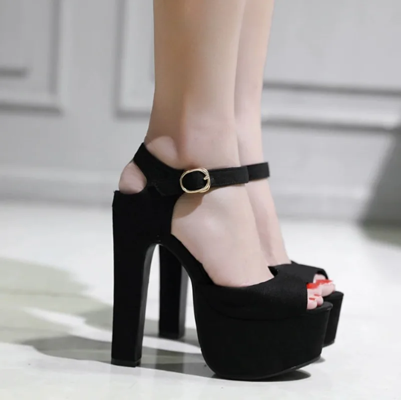 Fashion Women Ankle Strap Sandals Casual Flock Buckle Strap Thin Heels 15CM Open Toed High Heels Women Sandals Discount Pumps