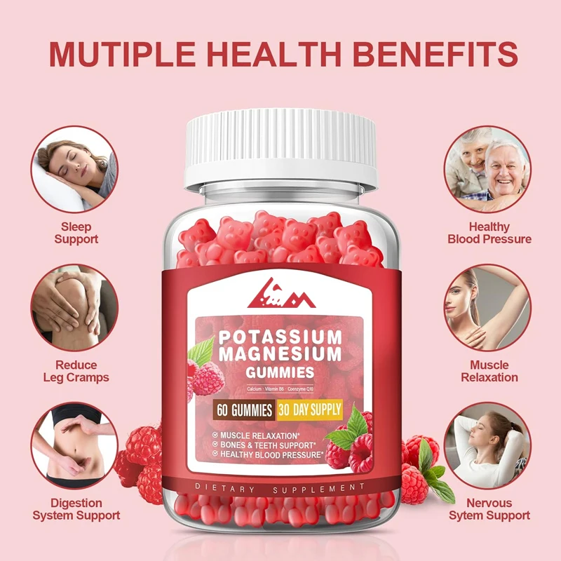 

Adult and children's potassium magnesium gummies, suitable for leg spasms and muscle and heart health, raspberry, 60 capsules