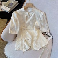 2025 new chinese style disc button short sleeve stand collar cheongsam blouse women summer retro elegant fashion qipao top b71