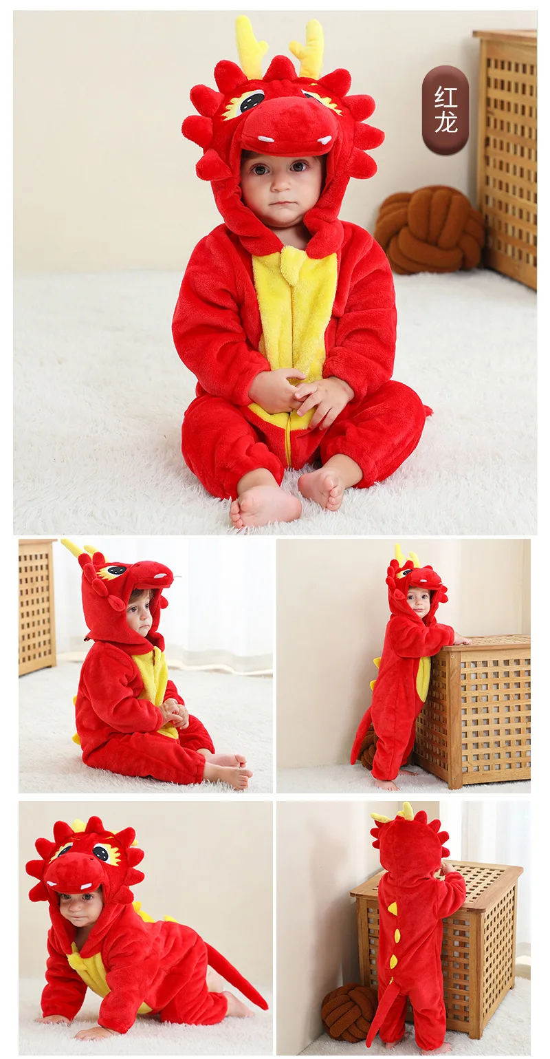 Baby Rompers Winter Costume Flannel Hooded Jumpsuits Kids Growing Clothes Boys Jumper Girls Overall Outfit Dragon Unicorn Frog