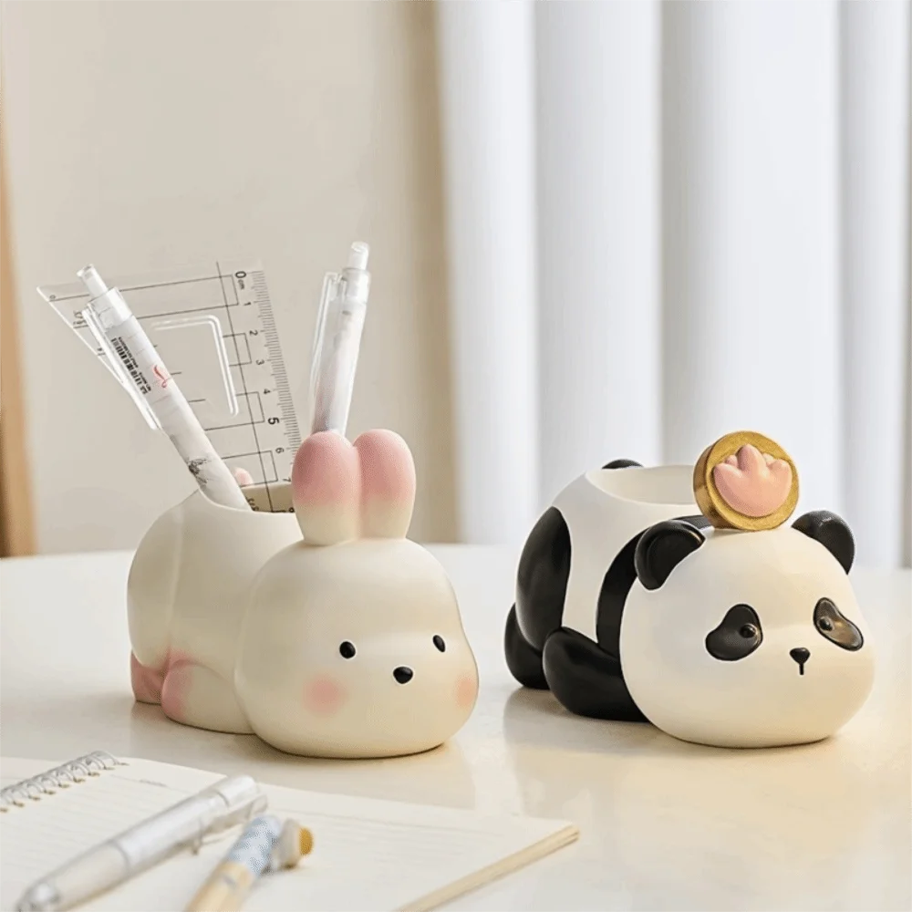 

Creative Cute Animal Pen Holder Cartoon Large Capacity Resin Panda Statue Unique Desktop Rabbit Ornament Bedroom