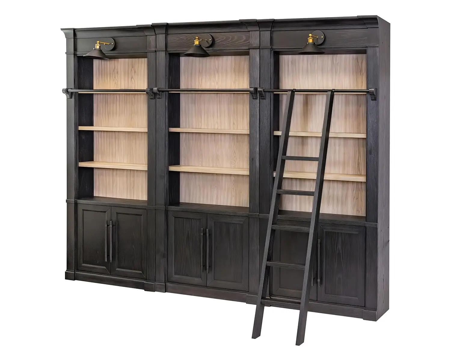 Three 8' Tall Bookcase Wall with Ladder, Storage Organizer, Display Shelf for Office, Black