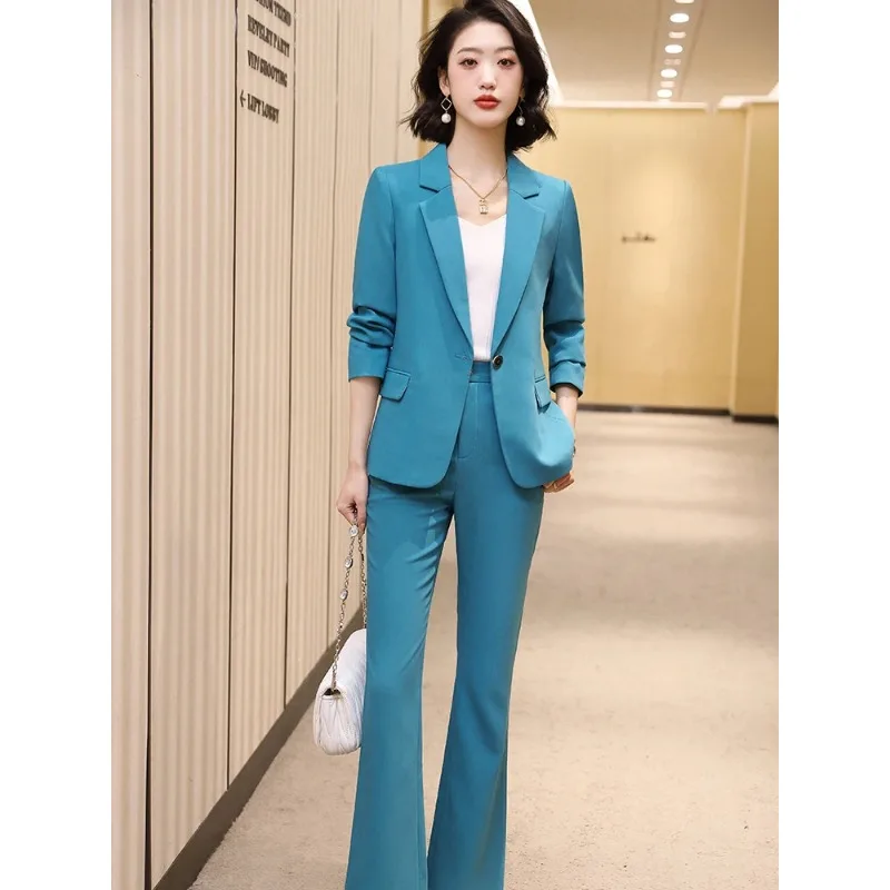 Blazer e calças para mulheres, conjunto de duas peças para senhoras do escritório, roupa formal de trabalho, roupa formal feminina, jaqueta azul cáqui, outono e inverno