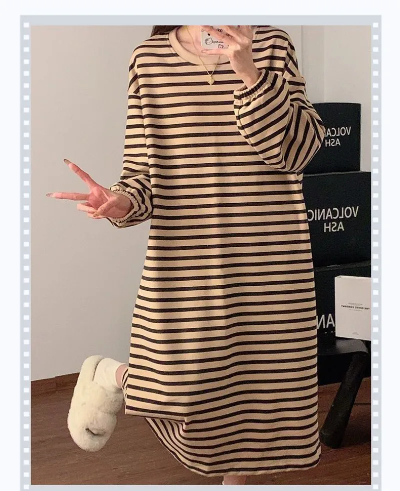 Striped Women Nightgown Korean Fleece Sleepwear Long Sleeve Night Dress Autumn Winter One Piece Pajamas Home Sleeping Wears New