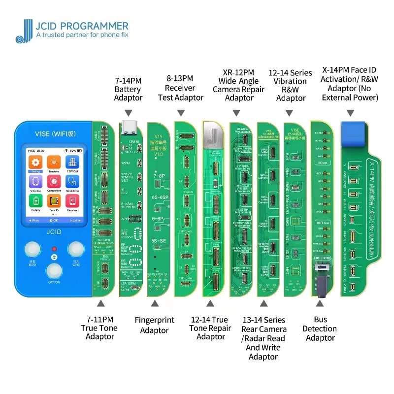 

JCID V1SE Programmer With 10 Boards For iP7-14 Promax Screen True Tone/Face ID/Rear Camera/PFC Recovery/Battery Data Change