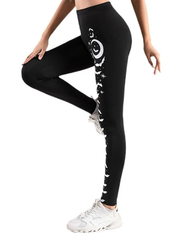Hohe Taille Halloween Print Brief Enge Hosen Damen Spor Leggings Hohe Elastizität Lässige Enge Hosen Fledermaus Druck Neun Punkt...