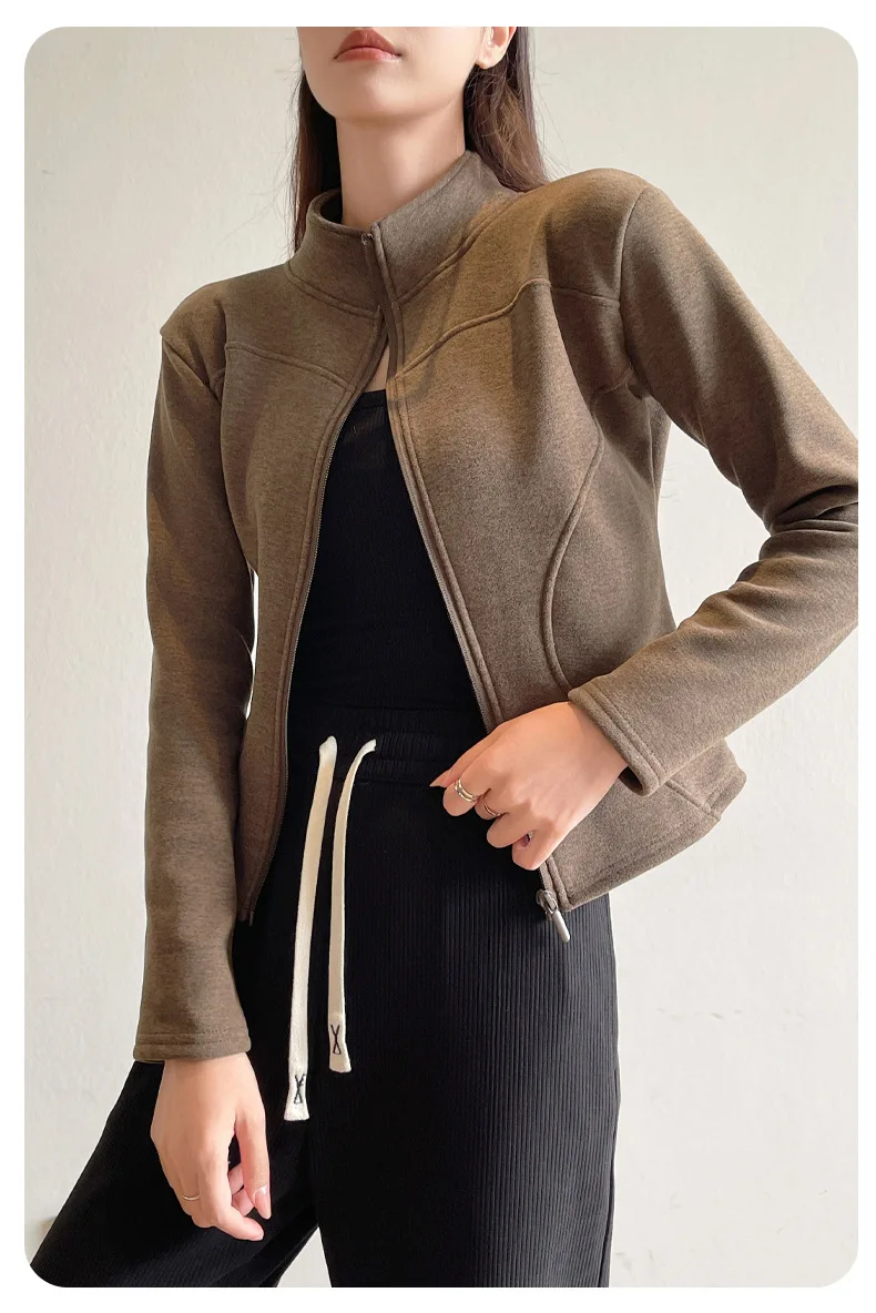 Women's Slim Fit Fleece Lined Short Sweatshirt Jacket Autumn Winter Thick Warm Zipper Jackets Woman Solid Stand Collar Yoga Wear
