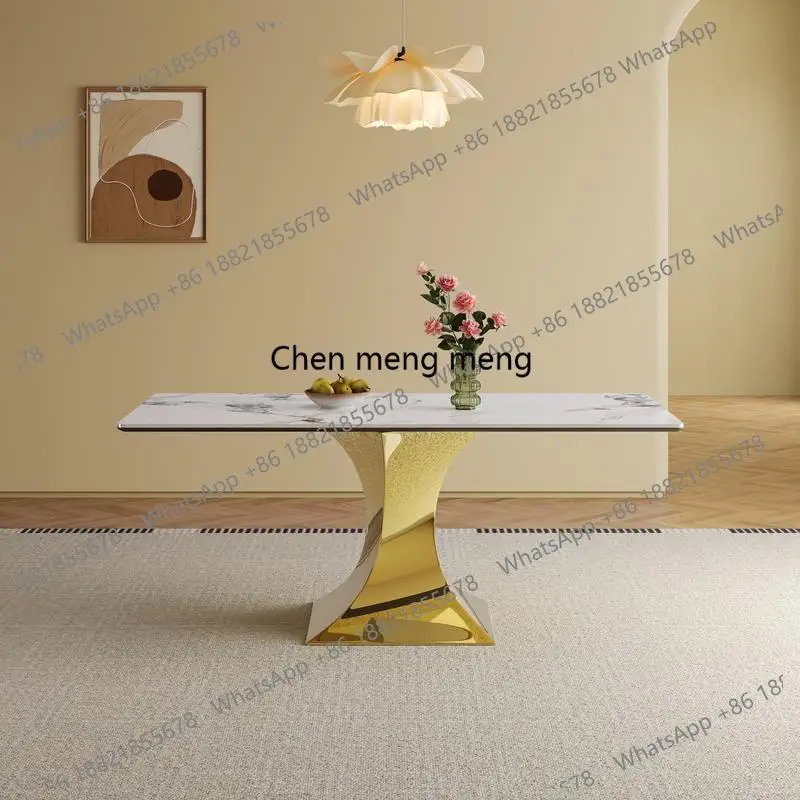 71-Inch Rectangular Dining Table for 6 with Gold-Plated Hourglass Base and 6 Grey Leather Chairs, Modern Design for Dining
