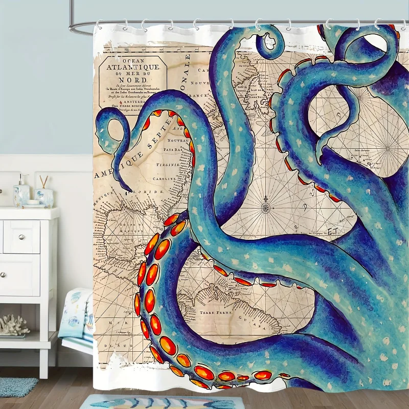 Blue Octopus Tentacle Shower Curtain, Ocean Sea Monster Shower Curtain Bathroom Nautical Coast Map Waterproof Fabric Shower Curt