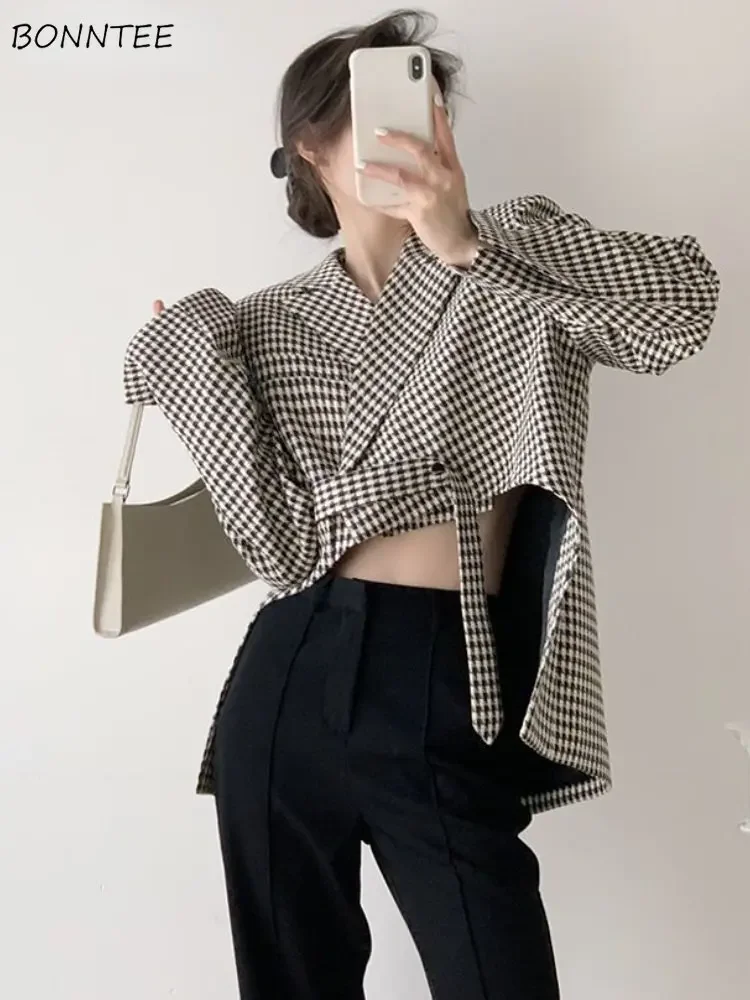 Irregular Blazers Women Temper Cropped French Elegant Plaid Streetwear Vintage Lace-up Clothing Hipsters Office Ladies Personal