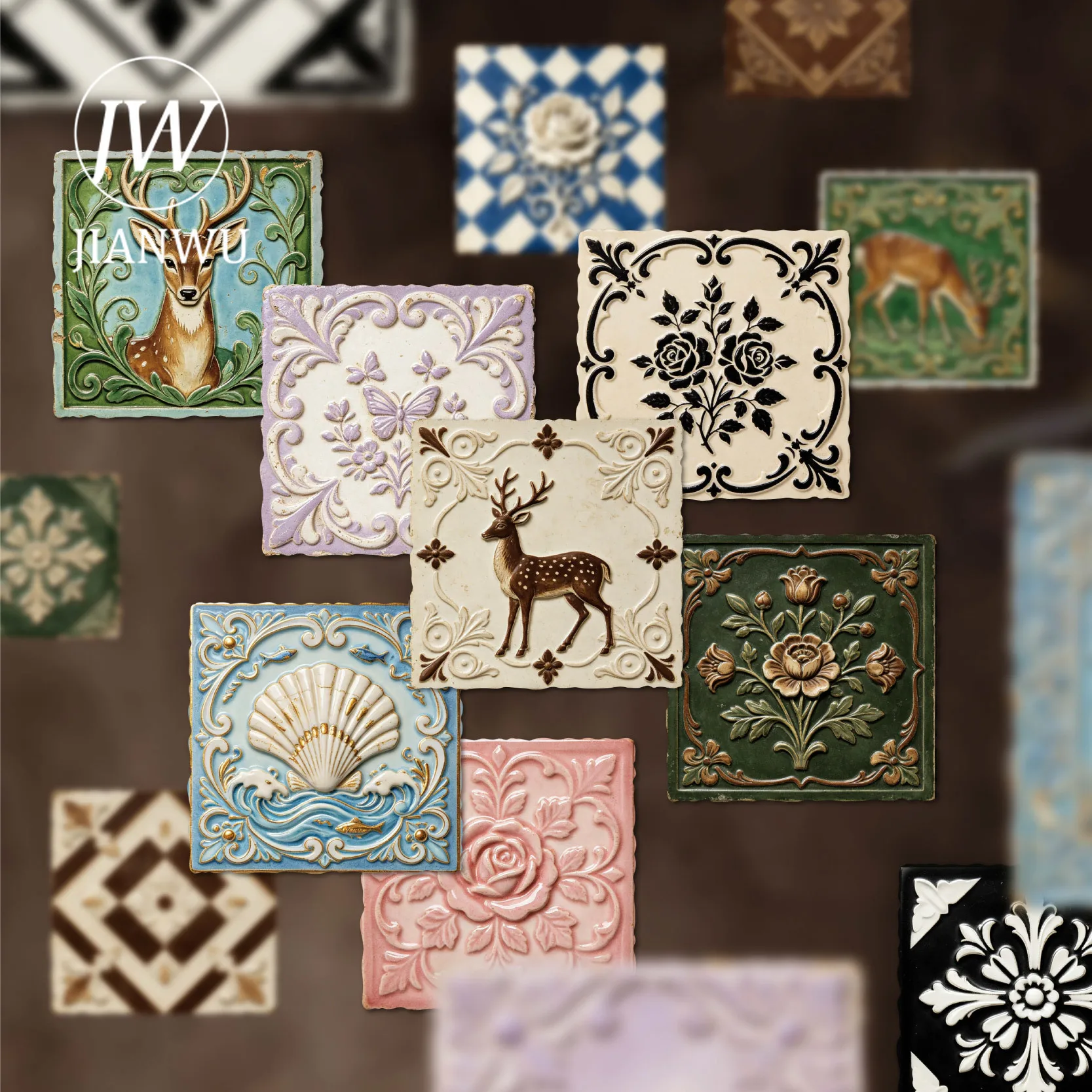JIANWU Vintage Barock Relief Blumen Tier Landschaft Material Collage Scrapbooking Aufkleber Kreatives DIY Journal Schreibwaren